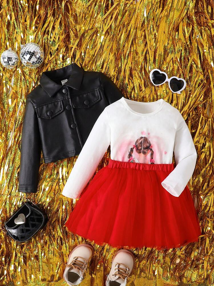 Baby Girls' Simple All-match Casual Jacket & Character Letter Print T-shirt & Mesh Skirt Cute Set