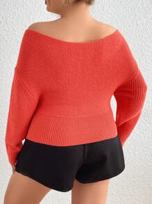 Flirla Plus Size Off-Shoulder Sweater, Pullover Knit Pullover Fall Winter Sweater - Coral Orange - View 2