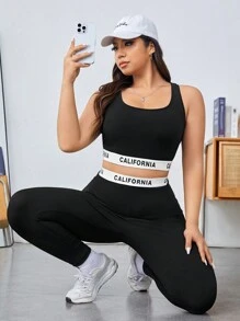 SHEIN EZwear 女性加大尺碼黑色針織運動短上衣和修身打底褲套裝 - 黑色 - 查看 3