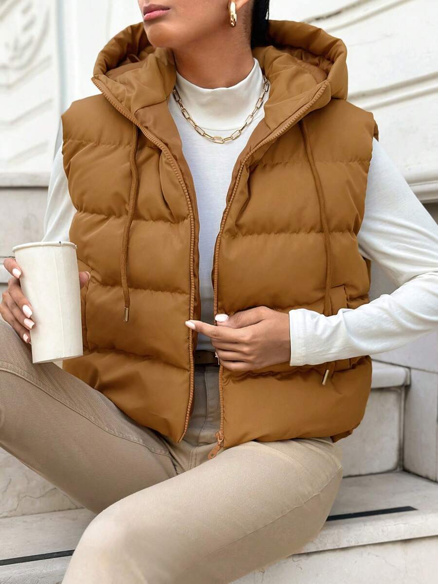 SHEIN Cottnline Zip Up Drawstring Hooded Puffer Vest Coat - Khaki - View 1
