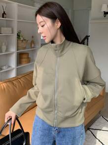 DAZY 女式拉鍊前立領插肩袖夾克 - 綠色 - 查看 3