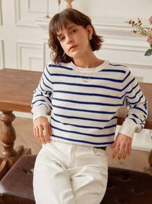SHEIN Frenchy Của phụ nữ Sọc Áo len - Xanh đậm - Xem 2