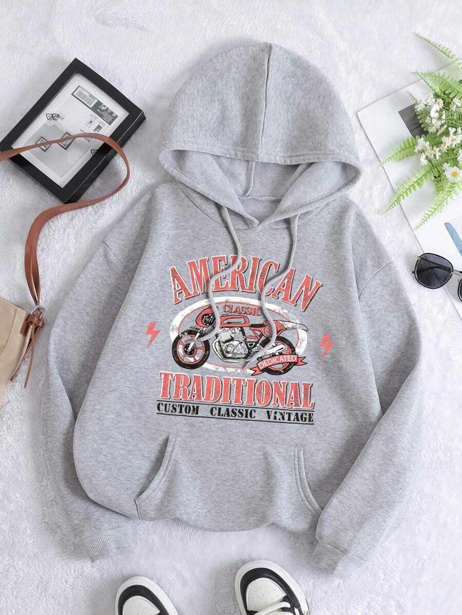 SHEIN EZwear 印有摩托車圖案的女士帽衫 - 淺灰色 - 查看 1