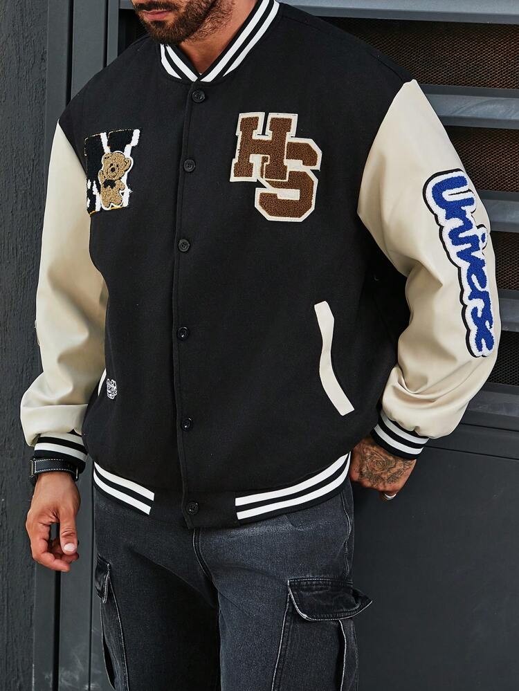 Men Plus Size Baseball Jacket With Letter & Teddy Bear Applique, Grunge, Fall