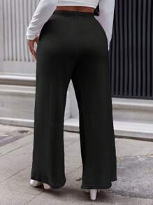 EURMUSE Pantalon droit à couleur unie avec cordon de serrage, grande taille pour femme - Noir - Voir 2