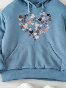 SHEIN 女孩休閒愛心印花連帽長袖運動衫,適合秋季穿著 - 藍色 - 查看 5