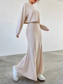 SHEIN EZwear 女式下垂肩立領t恤和裙子套裝 - 杏色 - 查看 6