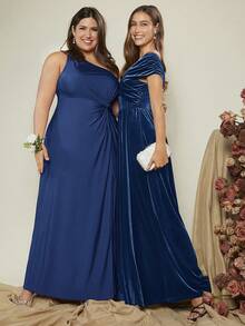 SHEIN Belle Plus尺寸一字肩扭結前開叉伴娘裙 - 藏蓝色 - 查看 8