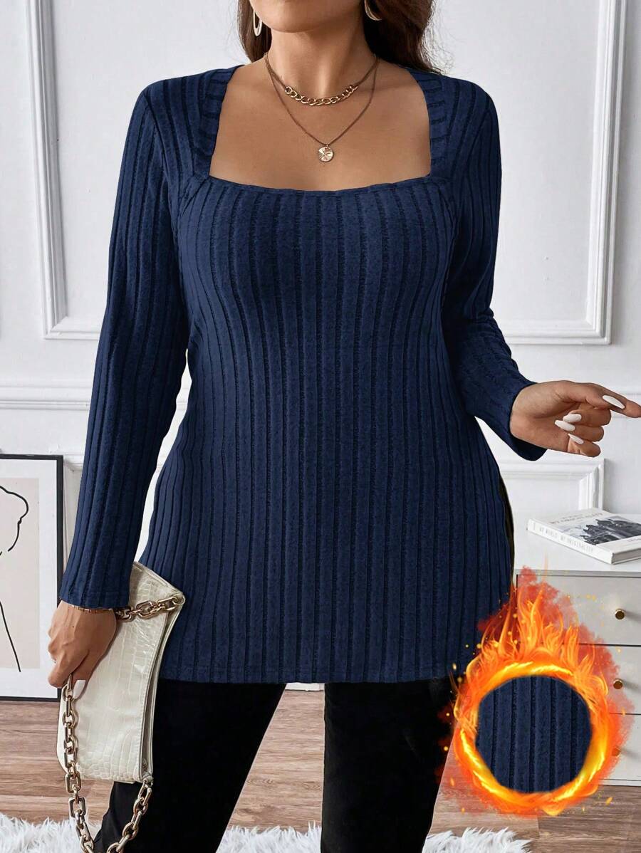 Calvaya Plus Queen Anne Neckline Split Hem Ribbed Knit Tee - Navy Blue - View 1