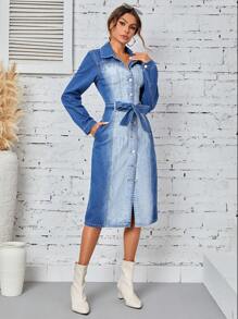 SHEIN Privé Damen-jeanshemdkleid Mit Gürtel - Mittele Waschung - Übersicht 6