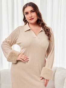 Mulvari 優雅毛絨袖口 V 領連身裙 - 杏色 - 查看 6