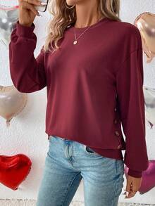 SHEIN LUNE 純色鈕釦細節開肩運動衫 - 酒紅色 - 查看 2