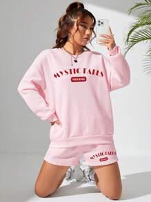 SHEIN EZwear Ladies' Letter Print Drop Shoulder Sweatshirt And Shorts Two-piece Set - Pink - View 3