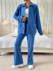 SHEIN Essnce Solid Color Velvet Women's Tracksuit - Royal Blue - View 3