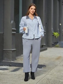 SHEIN Essnce 大尺寸女士條紋和花卉印花拉鍊v領燈籠袖襯衫