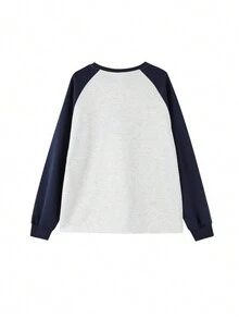 女式休闲文字印花撞色插肩袖圆领运动衫，春秋季 - 灰色 - 查看 2