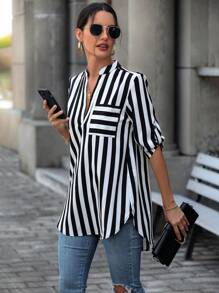 Chiquease Striped Print Pocket Patched Curved Hem Popover Blouse - Black and White - View 4