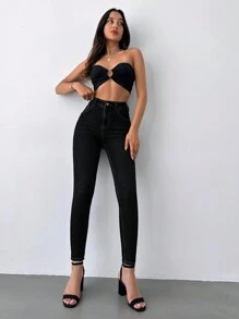 Cottnline Quần Jeans Skinny Trơn Thường Ngày - màu đen - Xem 4