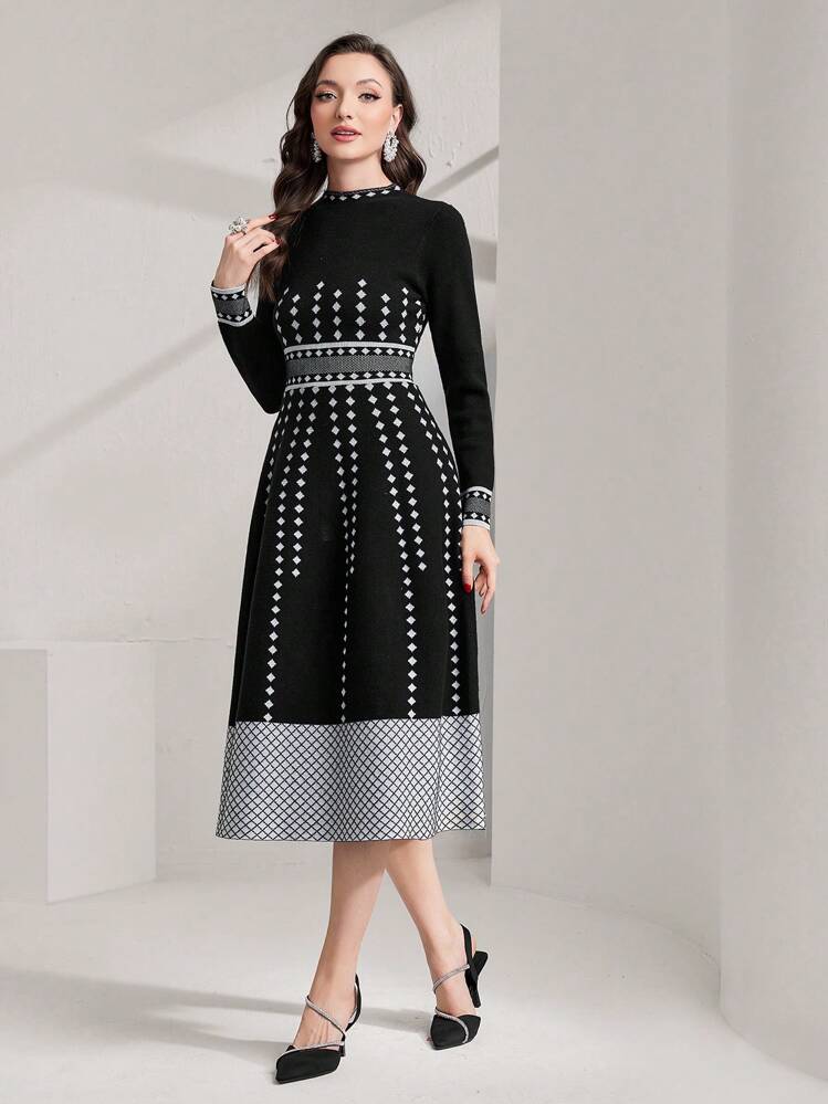 Modelyn 秋冬女士几何图案毛衣裙 - 黑與白 - 查看 4