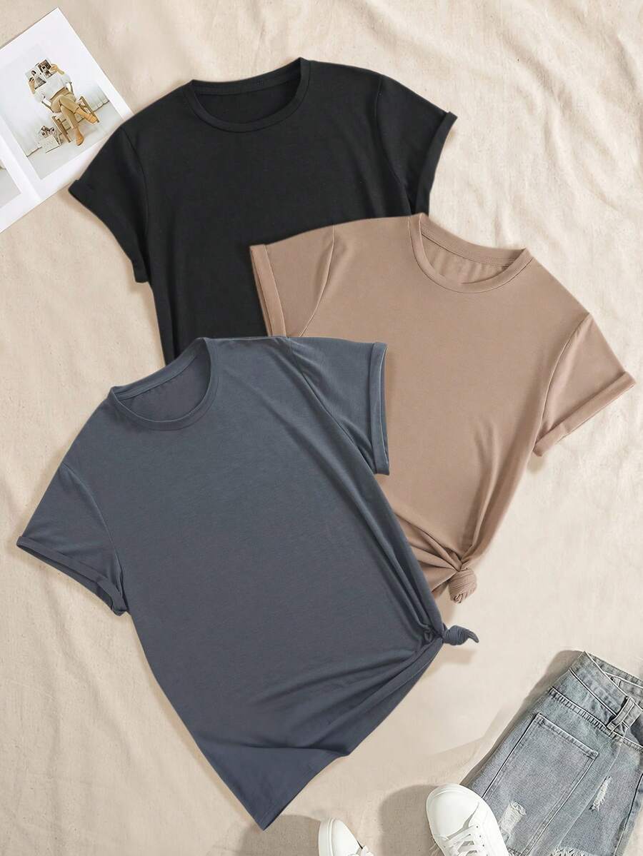 SHEIN EZwear Của phụ nữ màu trơn Thường xuyên Ngắn tay Áo thun , Phong cách Đơn giản - Nhiều màu - Xem 1