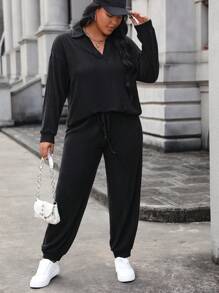 EMERY ROSE Conjunto de 2 piezas de top de manga larga de punto suelto con cuello en V y joggers de ajuste suelto con cintura elástica, tallas grandes - Negro - Ver 4