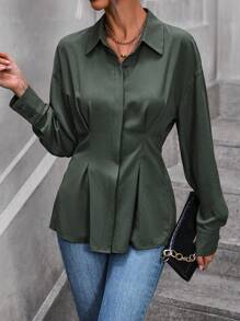 SHEIN Clasi Eo Xếp li Thả vai Tay áo Áo sơ mi - xanh quân đội - Xem 5