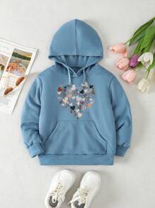 SHEIN 女孩休閒愛心印花連帽長袖運動衫,適合秋季穿著 - 藍色 - 查看 1