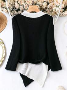 SHEIN LUNE Suéter de punto con cuello en V, efecto de color en bloque y bajo asimétrico para mujer talla grande, para otoño e invierno - Negro - Ver 2