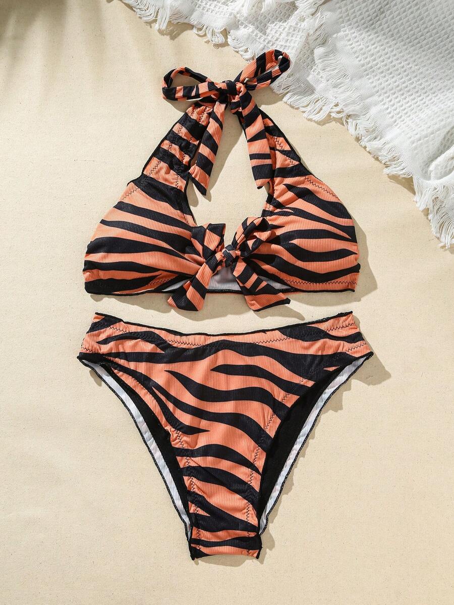 SHEIN Swim 虎纹吊带扭纹设计比基尼套装夏季海滩 - 橘色 - 查看 1