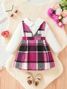 嬰兒女寶寶格紋裙配彼得潘衫領上衣套裝,秋冬季節適用