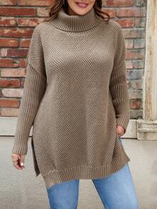 SHEIN LUNE Viền chia cắt Áo chui đầu Áo len - màu nâu - Xem 3