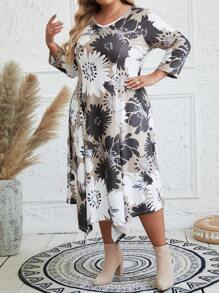 EMERY ROSE Vestido Impresso De Gola Redonda Para Mulheres Plus Size - Caqui - Ver 5