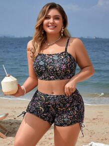Swim Lushoire Summer Beach Women's Printed Spaghetti Strap Black Plus Size Bikini Set - Multicolor - View 5