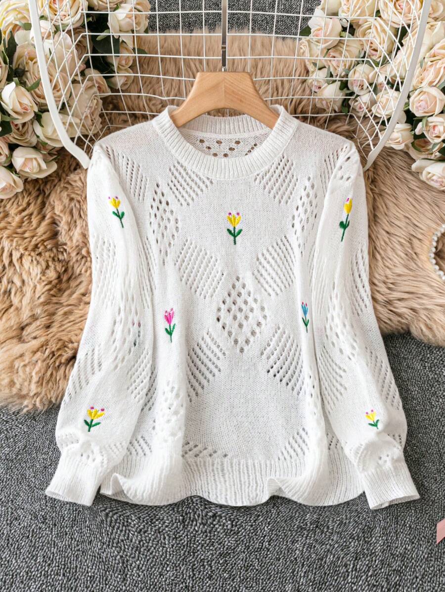 SHEIN Unity Women's Floral Embroidered Sweater - White - View 1