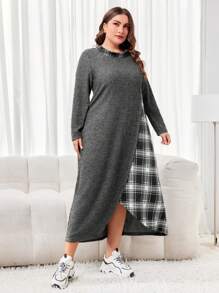 Mulvari Đầm dài tay in họa tiết kẻ sọc bất đối xứng cỡ lớn - Xám - Xem 3