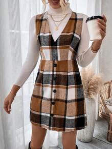 SHEIN LUNE Plaid Button Decorated Dress - Multicolor - View 1