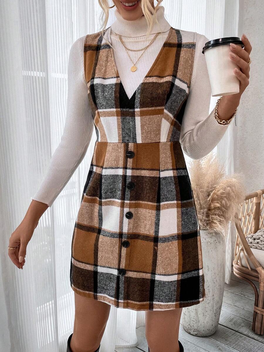 SHEIN LUNE Kẻ sọc Nút Trang trí Đầm - Nhiều màu - Xem 1