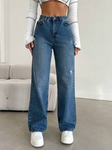 EURMUSE Women's Zipper Fly Denim Jeans - Dark Wash - View 5