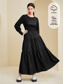 Seusyu Chất rắn Xù Hoa Sen Tay Raglan Đầm - màu đen - Xem 1