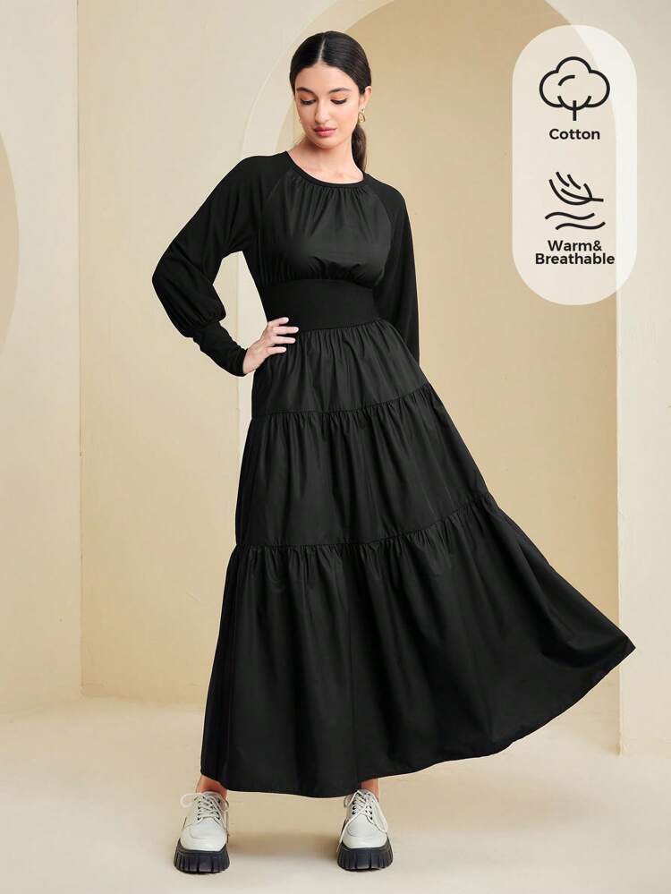 Solid Ruffle Hem Raglan Sleeve Dress