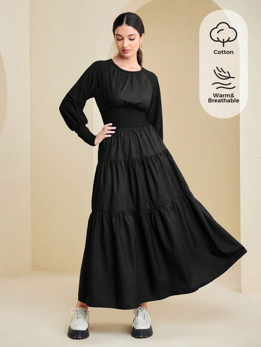 Seusyu Chất rắn Xù Hoa Sen Tay Raglan Đầm - màu đen - Xem 1