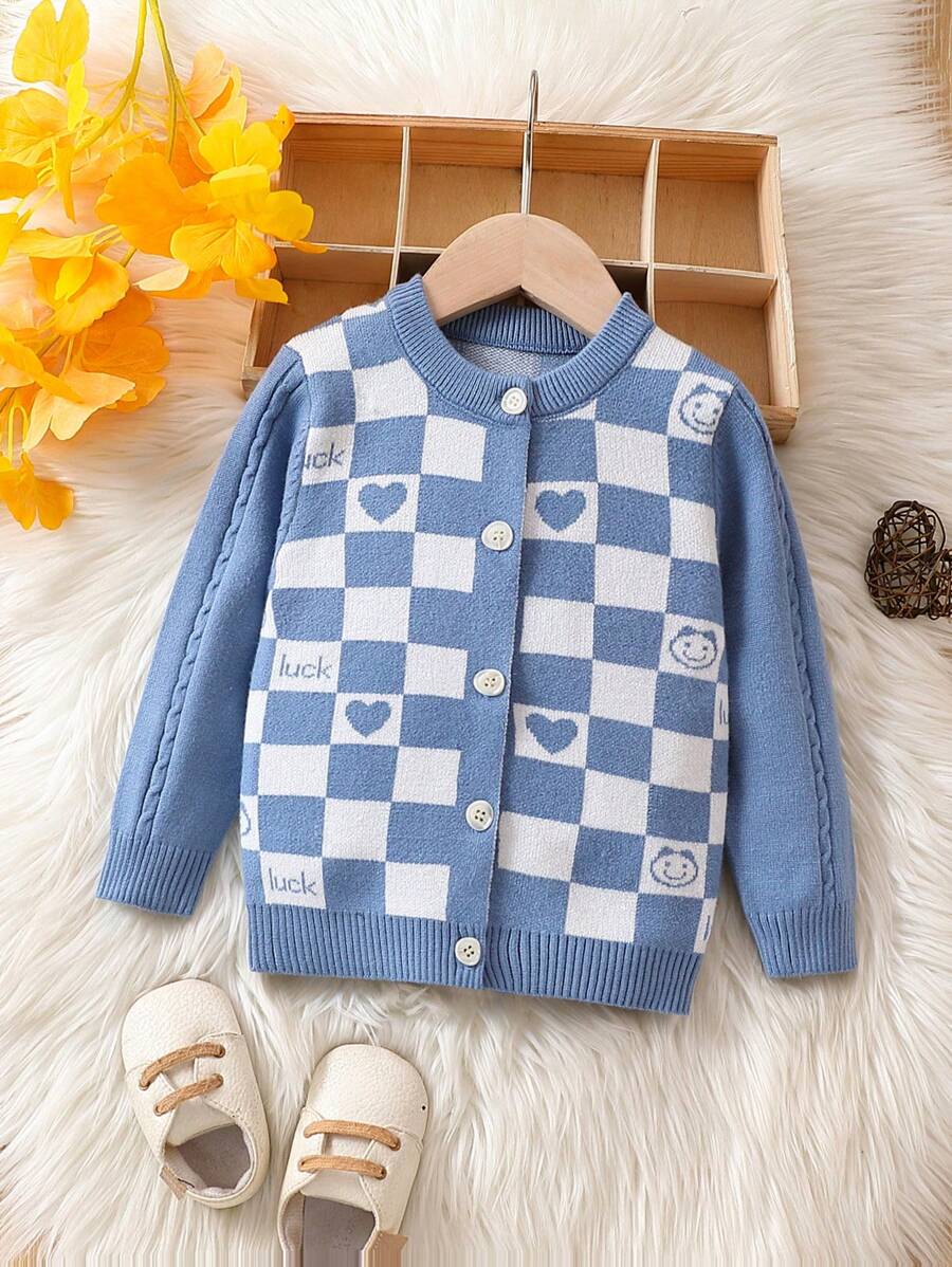 Baby Boys' Heart Checkerboard Pattern Cardigan - Blue - View 1