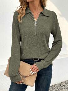 SHEIN LUNE 女性純色半拉鍊襯領t恤 - 軍綠色 - 查看 6