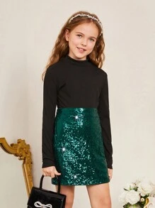SHEIN Tween Girl Knitted Solid Color Stand Collar Top With Woven Beaded Hem Skirt Set - Black - View 1