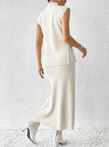 SHEIN Privé Của phụ nữ Một nửa Áo cao cổ Bên Buộc Không tay Áo len Và Dệt kim Bộ váy - Màu be - Xem 2