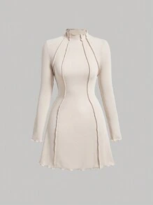 SHEIN MOD Women's Solid-Colored Stitch Decoration  Slim Fit Stand Collar Dress - Apricot - View 1