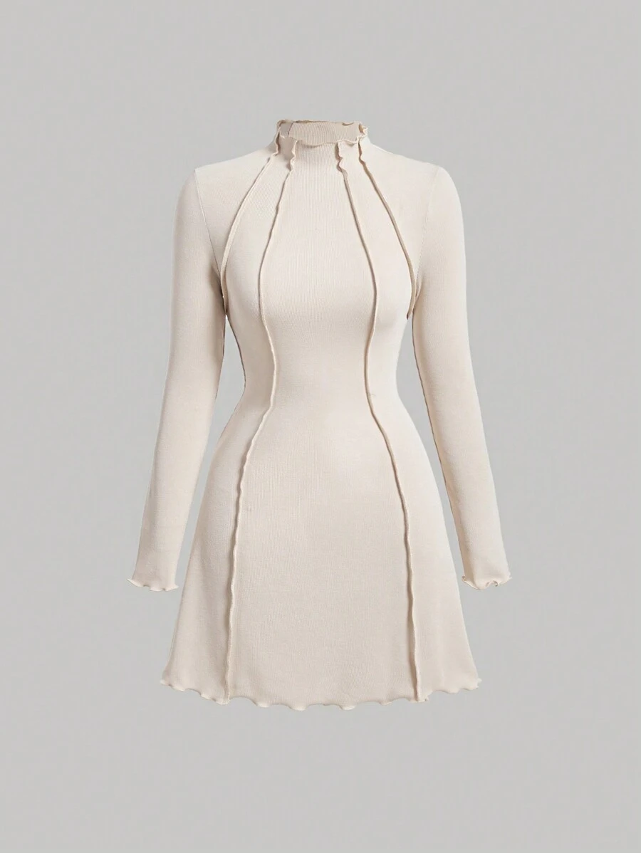 SHEIN MOD Women's Solid-Colored Stitch Decoration  Slim Fit Stand Collar Dress - Apricot - View 1