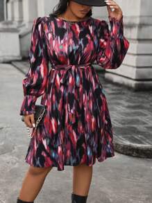 Celure 女款束腰帶燈籠袖印花洋裝 - 彩色 - 查看 7