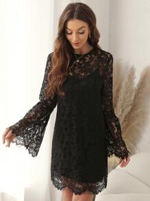 SHEIN Clasi Vestido De Mujer Con Mangas Acampanadas Y Parche De Encaje - Negro - Ver 4