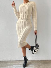 SHEIN Privé Màu thuần Đầm Áo len - Màu be - Xem 4